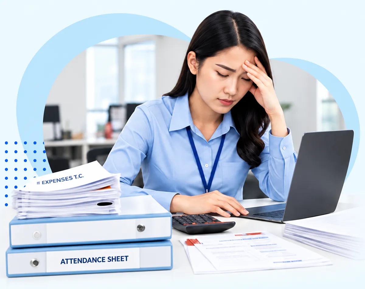 เจ้าหน้าที่ HR เครียดกับกองเอกสารในวันปิดรอบเงินเดือน ก่อนใช้ Bplus e-HRM
