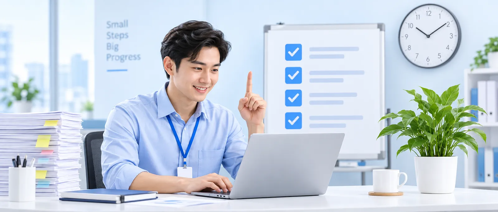 พนักงาน HR ทำงานบนโน้ตบุ๊กพร้อมเช็กลิสต์งานที่เสร็จเรียบร้อย