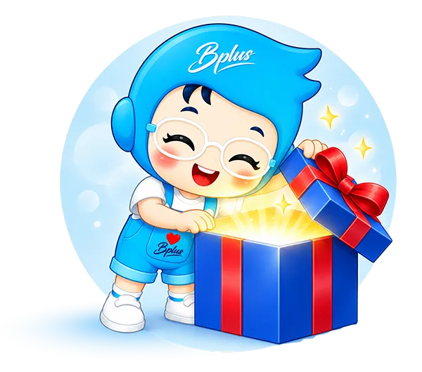 น้อง Bplus มาสคอตกำลังเปิดกล่องของขวัญโปรโมชันแพ็กเกจรายปี